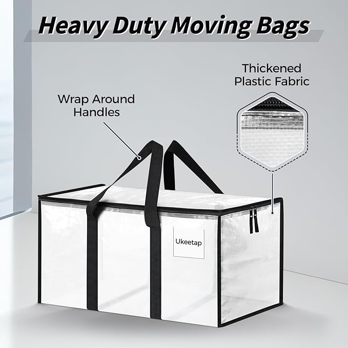 16 Pack Extra Large Heavy Duty Moving Bags, Clear Storage Bins with Lids, Reinforced Handles & Heavy-Duty Zippers Moving Boxes Storage Bags Totes for Clothes Packing, Dorms, College Supplies, Clear