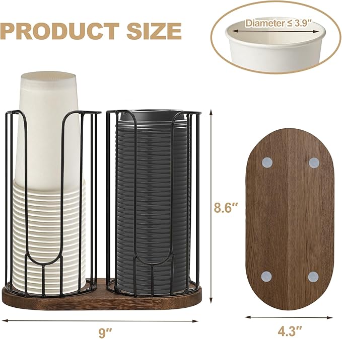 2-Compartment 18oz Coffee Cup Dispenser Rack with Wood Base, Disposable Cup, and Lid Organizer for Countertop - Perfect for Paper Cups, and Lid Organizer-NeatNest