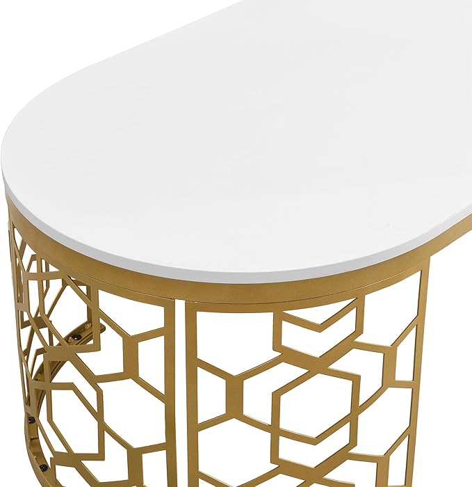 47.2" Modern Oval Coffee Table with Cut-Out Pattern Metal Stainless Steel Frame Multiple End Tables Sofa Table Utility Table for Living Room Office Bedroom Balcony, White & Gold