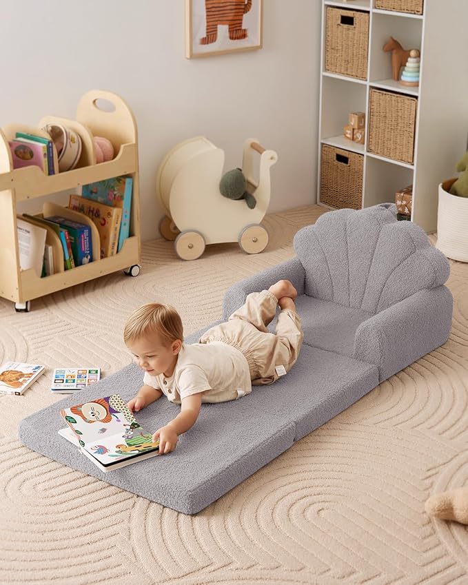 Blissful Diary Foldable Toddler Couch, 2-in-1 Comfy Toddler Chair & Lounger for Reading, Nap, Playroom, Kids Couch Sofa for 1 2 3+ Year Old Girls Boys Baby Birthday Gift, Gray Shell-NeatNest
