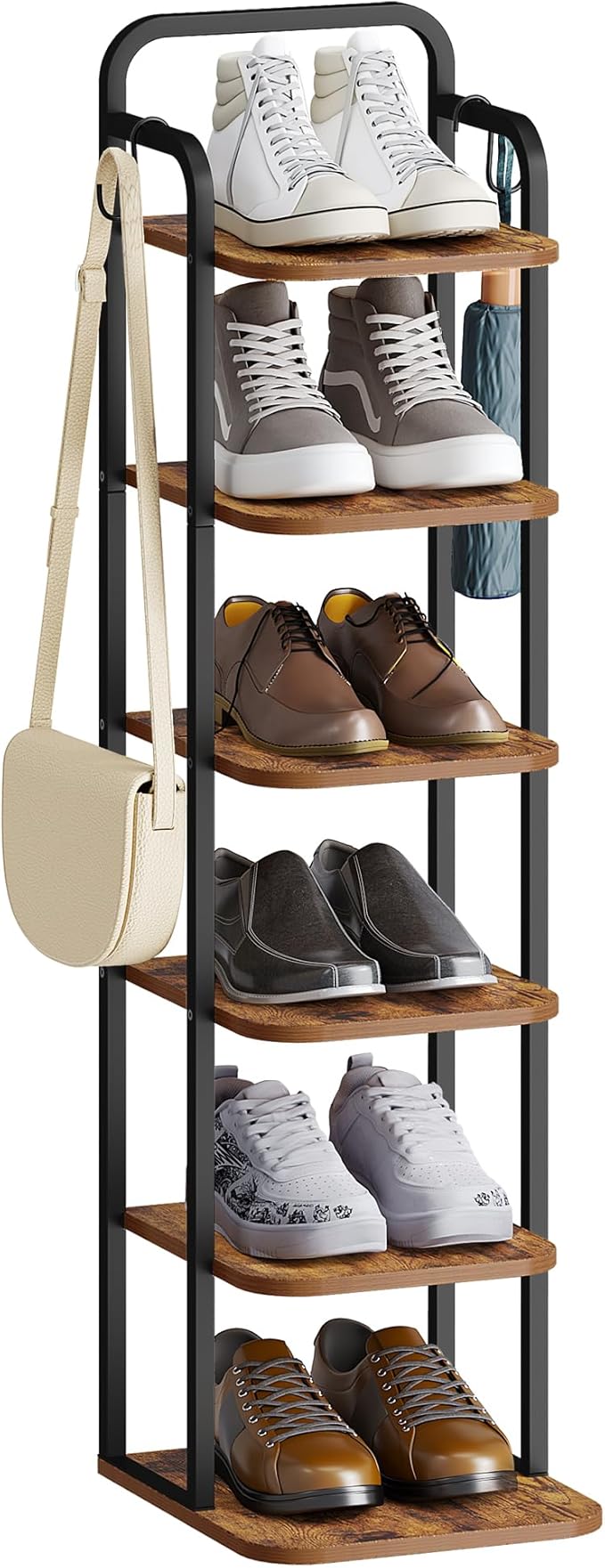 6 Tiers Vertical Shoe Rack, Narrow Shoe Tower, Tall Shoes Shelf with 2 Hooks, Adjustable Shelves, Corner Shoes Shelves for Small Spaces, Entryway, Living Room, Rustic Brown SR04201B-NeatNest