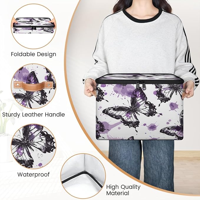 Butterfly Storage Bins with Zipper Lid, Watercolor Butterfly Lidded Storage Baskets Boxes Foldable Organizer with Leather Handles for Clothes Closet Shelf Toys-NeatNest