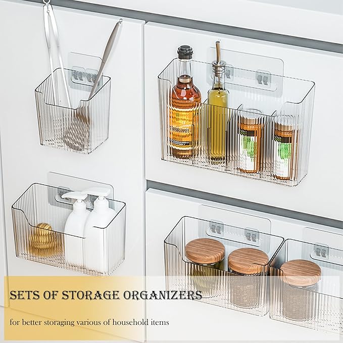 2 Pack Adhesive Mount Cabinet Door Organizer, Wall Mounted Bathroom Organizers and Storage Bins Plastic Stackable Shower Caddy Hanging Floating Shelves for Narrow Space, BPA Free (Clear)