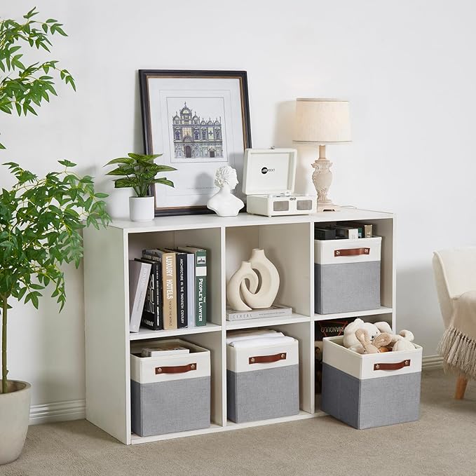 Collapsible Fabric Storage Cube Bins with 2 Reinforced PU Handles, Foldable Storage Organizer Baskets for Closet, Shelves, Living Room | 11"x11"x11", 4 Pack, Gray & White-NeatNest