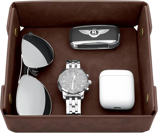 CASIRENA Father's Day Gifts Faux Leather Valet Tray Organizer for Men - Catch-All Tray for Entryway Table Key, Wallet, Watch, Coin Change, Phone, Dresser EDC Dump Jewelry, Bedside Nightstand Desk-top-NeatNest