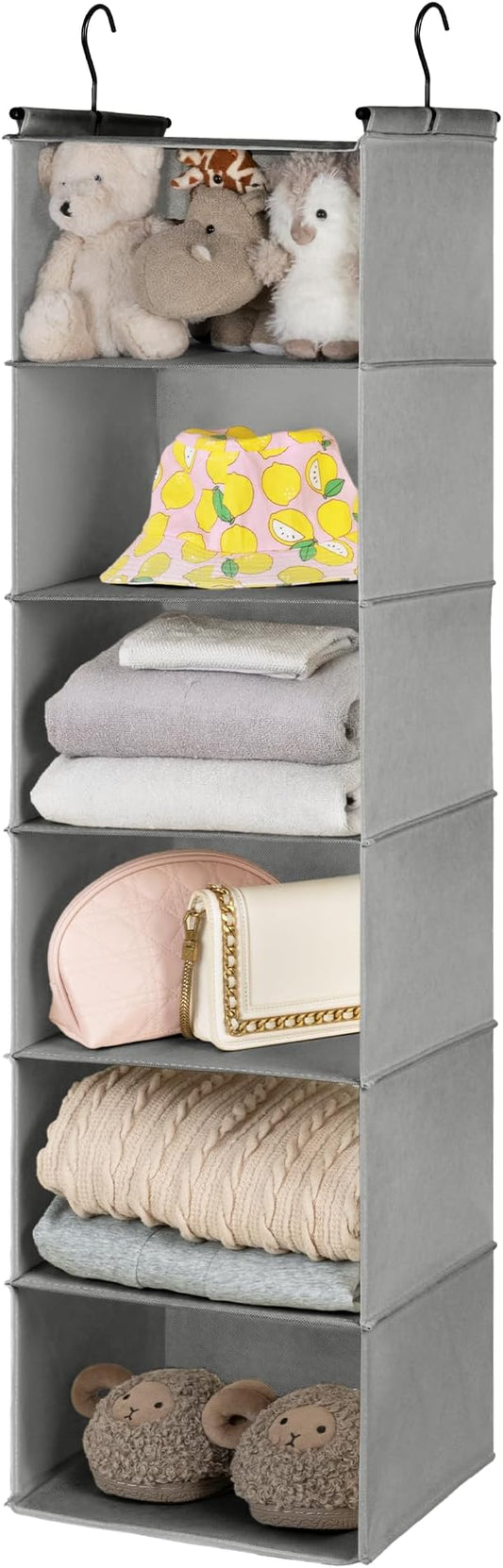 GRANNY SAYS 6 Shelf Hanging Closet Organizers and Storage, Collapsible Closet Hanging Organizer with 2 Sturdy Hooks, Large Hanging Shelves for Kids Baby Clothing Organizer, Ash Gray-NeatNest