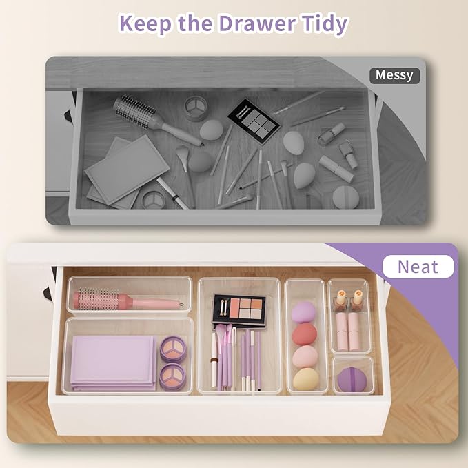 22 PCS Clear Drawer Organizer Set, 4-Size Vanity and Desk Drawer Organizer Trays with Non-Slip Silicone Pads, Plastic Storage Bins for Makeup, Jewelry, Bathroom, Office, Fridge, Kitchen-NeatNest