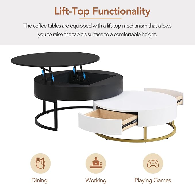 Modern Round Lift-top Nesting Coffee Tables with 2 Drawers White & Black