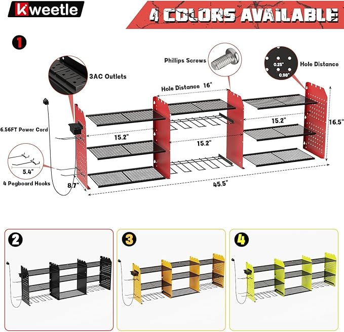 45" Power Tool Organizer Wall Mount with Charging Station - 3 Layer Storage Racks with 8 Cordless Drill Holder, 4 Hooks, Heavy Duty Garage Tool Organizer Storage for Workshop Shed Pegboard Basement