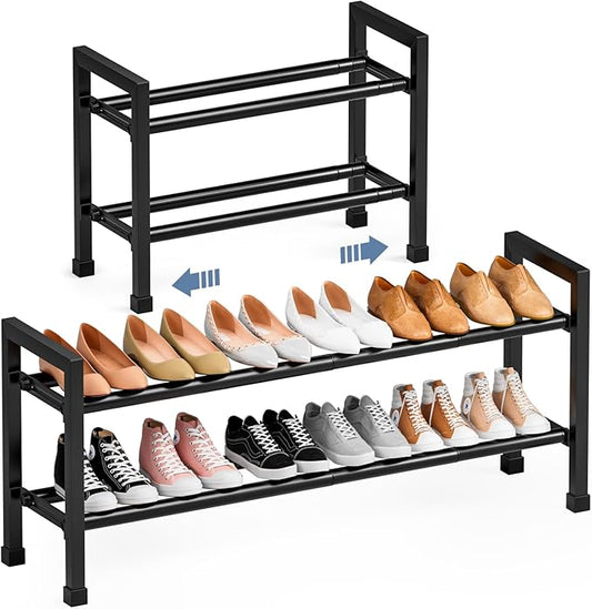 Mavivegue Expandable Shoe Rack, 2-Tier 19"-43.3" Adjustable Shoe Rack for Closet,Hall Entryway,Front Door,Garage, Sturdy Steel Space-Saving Rack, Black-NeatNest