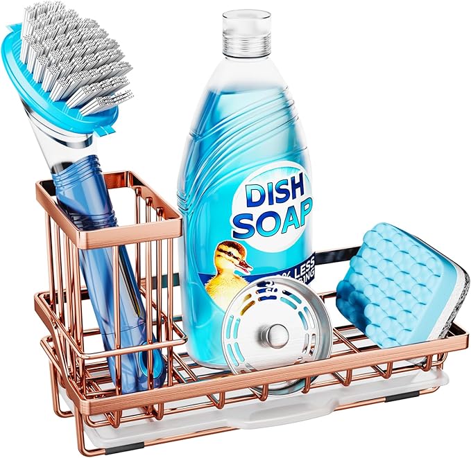 Consumest Sponge Holder for Kitchen Sink - Sink Caddy Kitchen Organizer with Removable Drip Tray for Countertop Dish Soap Dispenser Brush Storage Accessories 304 Stainless Steel, Rose Gold-NeatNest