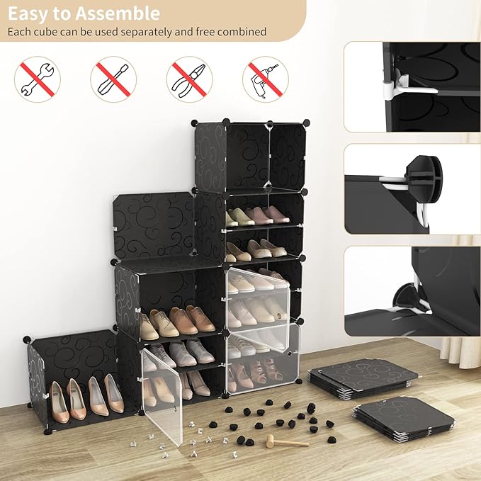 Portable Shoe Rack Organizer with Door, 80 Pairs Shoe Storage Cabinet Easy Assembly, Plastic Adjustable Shoe Storage Organizer Stackable Detachable Free Standing DIY Expandable 10 Tier Black-NeatNest