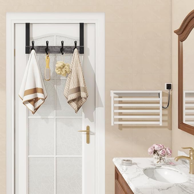 Homode Over The Door Hooks Heavy Duty, Wood Over The Door Towel Rack for Bathroom Door, Rustic Over The Door Hanger,Back of Door Hooks Coat Hooks for Hanging Towels Clothes Hats Bags, Grey