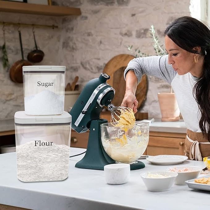 Flour Sugar Storage Containers 2 Pc,Airtight Food Containers Storage with One-Press Lid,BPA Free Pantry Organizers Storing with Scoop and Ceasuring Cups for Kitchen,Cereal,Rice,Pasta,Baking Supplies