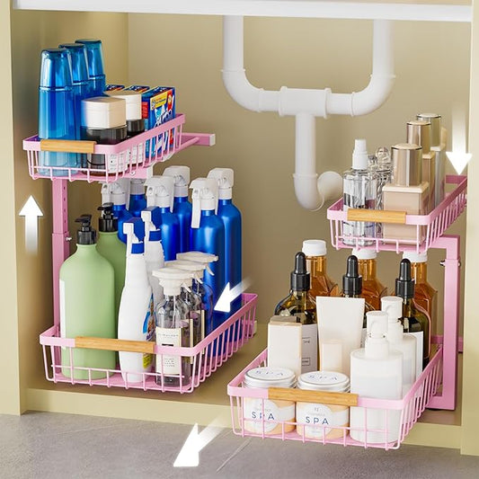 Under Sink Organizers, 2 Pack Kitchen Bathroom cabinet organizer, 2 Tier under bathroom kitchen sink organizer, Height Adjustable Bathroom Organizers and Storage, Pink-NeatNest
