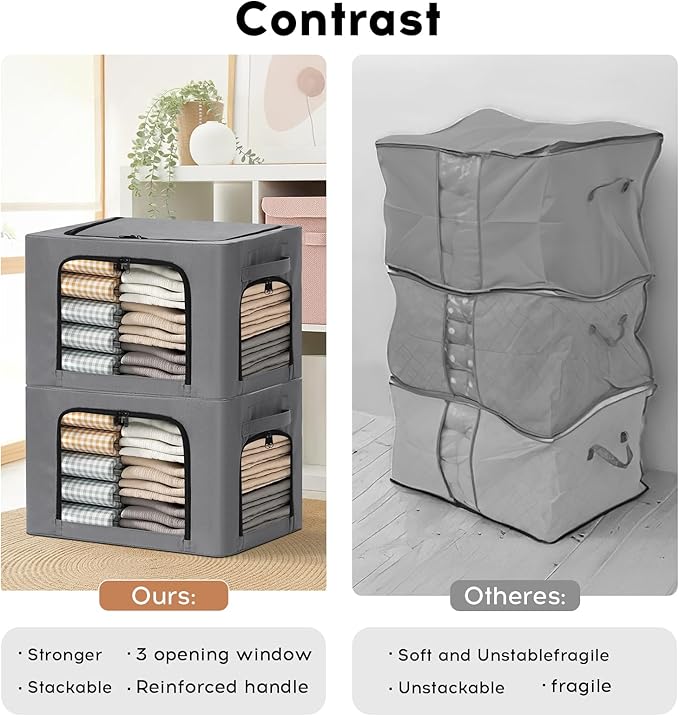 3-Pack Clothes Storage Bins with Metal Frame, Foldable 40L Linen Storage Boxes with Lids, Organizer with Clear Windows, Zippers & Durable Handles (Gray)-NeatNest
