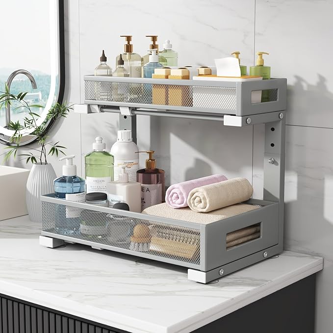 1 Pack-11.4"-16.14" H Under Sink Storage Organizer, Large 2-Tier Elegant Mesh Pull Out Shelf for Kitchen & Bathroom Cabinet Organization, L-Shaped, Adjustable Height-Gun Gray-NeatNest