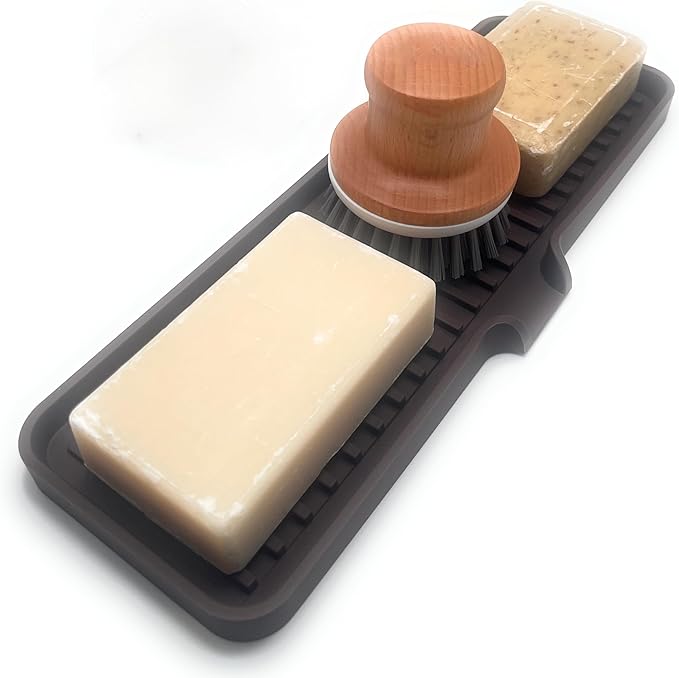 Happitasa Silicone Soap Dish Tray and Sponge Holder with Drain Chute | Bathroom and Kitchen Sink Organizer Caddy (Dark Chocolate, 12"x4", 7.4 Ounces)-NeatNest