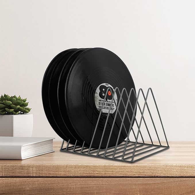 EASEPRES Vinyl Record Holder Storage, 9 Slot Metal Magazine Book Album Display Rack, Stylish Triangle Desktop File Sorter Organizer for Home Office, Grey