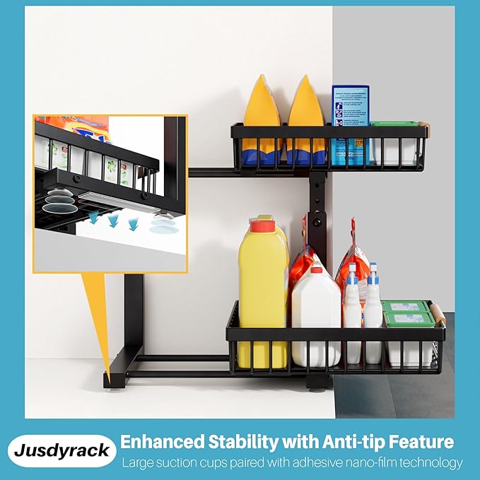 Under Sink Organizers and Storage,2 Packs 2 Tier Sliding Pull Out Cabinet Storage Shelf, Metal Drawer for Kitchen Bathroom Cabinet, Under Sink Organizer Organization Rack, Rust-Resistant Black-NeatNest