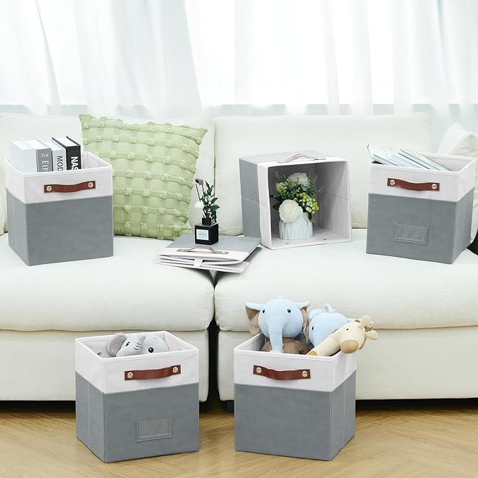 6-Pack Collapsible Fabric Storage Cubes with Handles & Label Holders, Closet Cube Home Organizer Bins (White/Dark Grey, 10.5*10.5*11 inch)