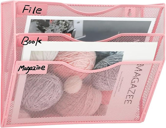 3 Pocket Wall File Holder Organizer, Mesh Hanging Wall Mounted Document Paper Folder Filing Magazine Rack with Nametag Label for Office Home School, 3 Tier Pink
