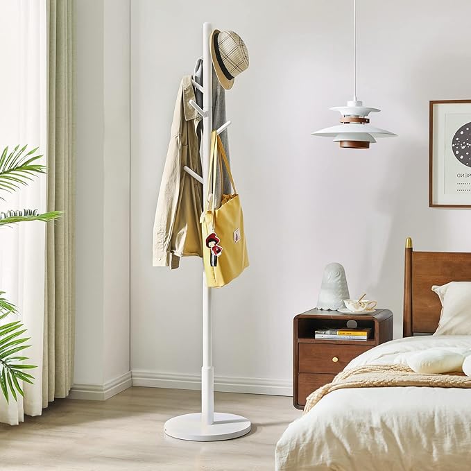 IBUYKE Coat Rack Stand, Freestanding Coat Tree with Solid Round Base and 8 Hooks, Easy Assembly Wooden Coat Hanger, Clothes Rack for Hallway Entryway, Living Room, Bedroom, Office, White WD-114-NeatNest