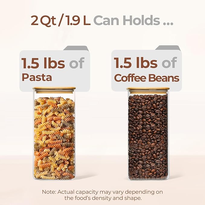 ComSaf 2 Qt Rectangle Glass Storage Containers with Lids, Glass Jars with Bamboo Lids, Clear Food Jar, Square Canister Set of 3, Pantry Organizers and Storage for Flour Pasta Coffee Bean-NeatNest