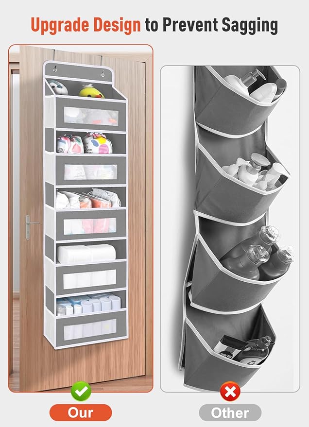 2 Pack Over The Door Organizer Storage, 5 Shelf Hanging Door Organizer with 10 Large Capacity Pockets, Anti Tilt 44 lb Load Behind Door Storage for Bedroom, Bathroom, Pantry, Nursery, (Grey)