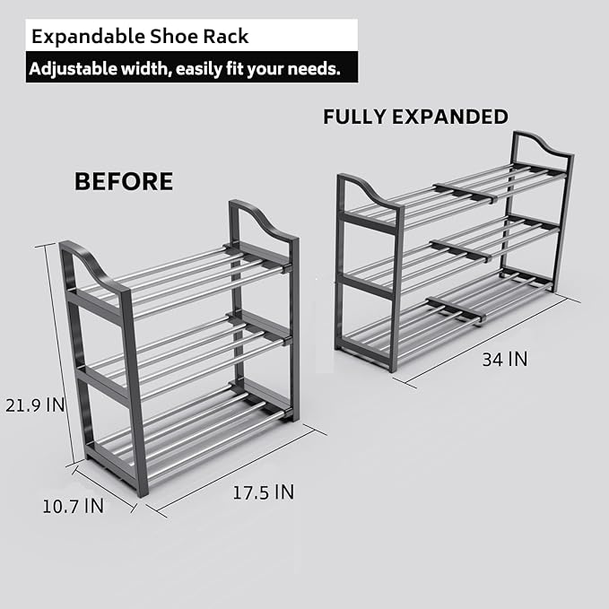 3-Tier Shoe Rack Expandable Shoe Rack for Closet Small Shoe Storage Rack for Entryway Adjustable Shoe Shelf for Small Space, Metal Shoe Organizer for Garage, Front Door Entrance