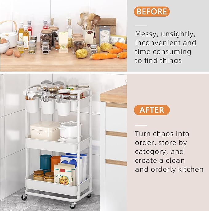 JIUYOTREE 3-Tier Plastic Rolling Storage Cart Utility Cart with Extra Hanging Cups Handles Lockable Wheels for Living Room Bathroom Kitchen Office White-NeatNest