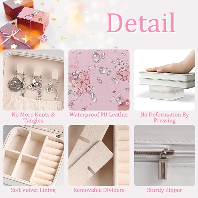 Cherry Blossom Travel Jewelry Organizer, Necklace Box with Mirror, Leather Mini Travel Jewelry Case, Best Present for Women's and Girls-NeatNest
