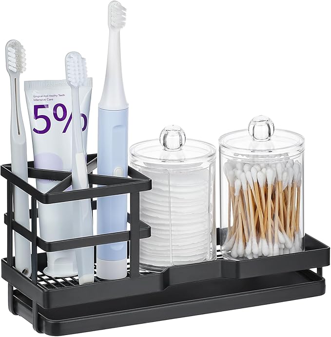 MYITYARD Toothbrush Holders for Bathrooms, Cotton Swabs & Cups Dispenser Set - Metal Electric Tooth Brushing & Toothpaste Countertop Organizer with Drainage for Shower, Sink - Black