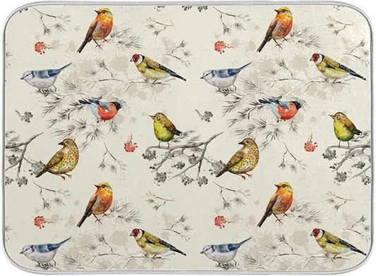 Absorbent Dish Drying Mat Microfiber Dish Drying Pad Reversible Drainer Mats for Countertop, Spring Cute Birds Kitchen Counter Decor, 16'' x18''