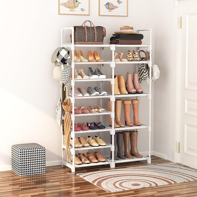 ROJASOP White Shoe Rack, Tall Metal Shoe Rack Organizer for Entryway Closet Garage, 8 Tier Large Shoe Shelf for 26-32 Pairs Boots & Shoes Storage, Space Saving Heavy Duty Shoe Stand-NeatNest