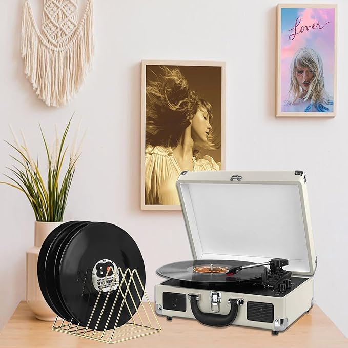 COSYAWN 7 Slot Vinyl Record Holder Storage, Anti-Rust Metal Magazine Album Display Rack Desktop File Organizer, Triangle Paper Letter Newspaper Sorter Stand for Home Office, Gold