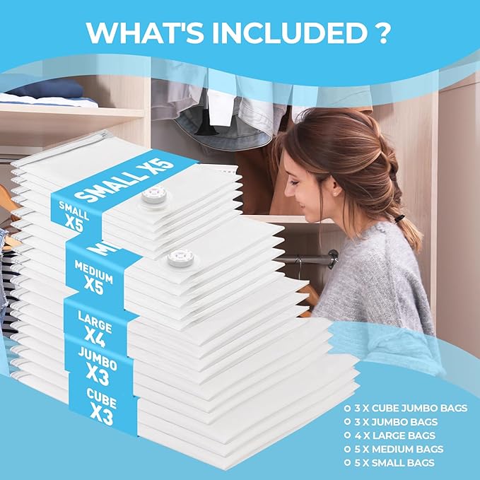 20 Pack Vacuum Storage Bags with Electric Air Pump, Vacuum Sealed Storage Bags (3Cube/3Jumbo/4Large/5Medium/5Small), Space Saver Bag for Clothes, Blanket, Duvets, Pillows, Mattress,Comforters, Travel-NeatNest