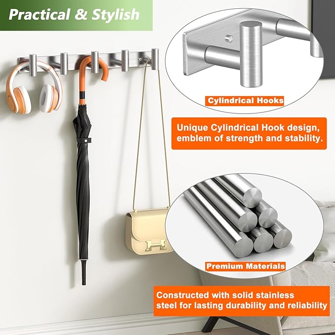 Wall Mounted Coat Rack-5 Hooks, Heavy Duty Stainless Steel Hook Rail for Towel Coat Hat Purse Bag Jacket, Towel Hooks for Entryway Bathroom Kitchen (Silvery 5 Hooks - 1 Pack)-NeatNest