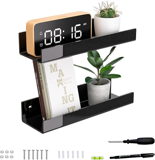 12 Inches Black Acrylic Wall Shelf for Home, 2 Pack, Acrylic Organizer Shelves for Wall, Wall Mounted Storage Display Shelf-NeatNest