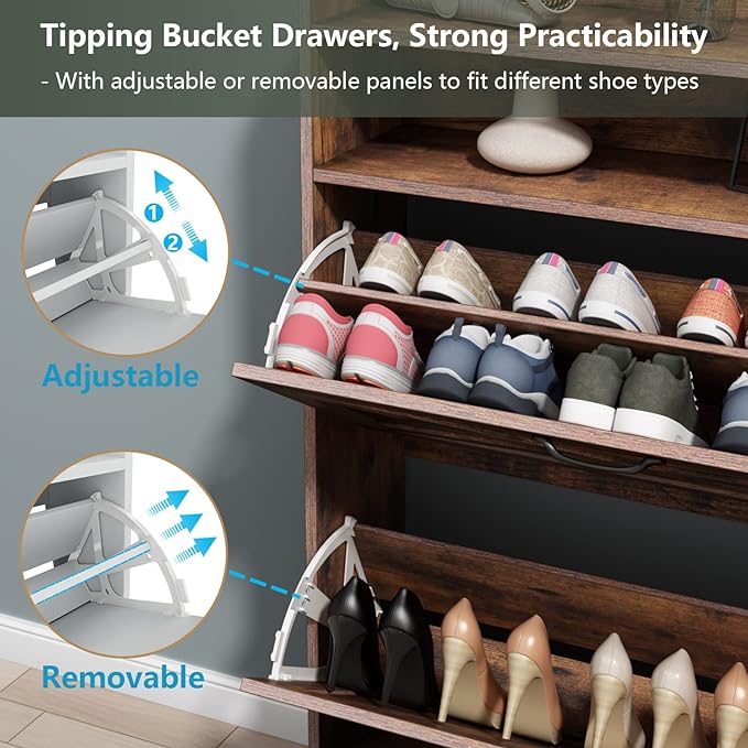 Shoe Cabinet, Freestanding Tipping Bucket Shoe Storage Cabinet with 2 Flip Drawers, Entryway Shoe Rack with Storage Top Cubby, Narrow Slim Hidden Shoe Organizer with Doors (Brown)-NeatNest
