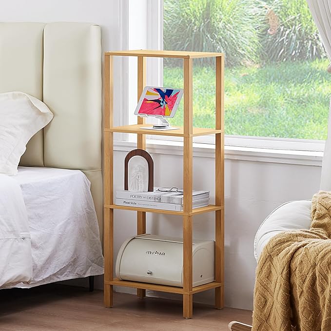 4 Tier Tall Bookshelf with Storage - Small Bookcase for Small Spaces, Shelf for Living Room, Office, Bedroom, Kitchen - Industrial Modern Natural Book Shelf