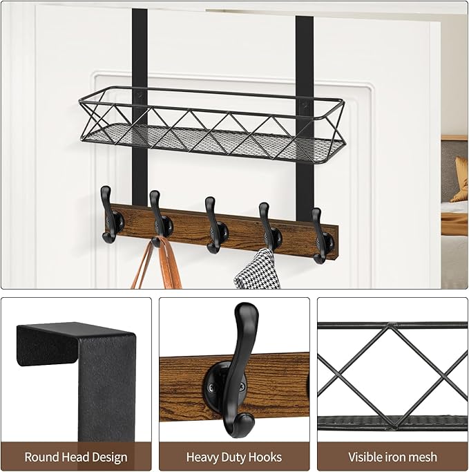 YINMIT Over The Door Hooks Organizer, Over The Door Hanger with Basket, Over The Door Towel Rack with 5 Metal Hooks, Over Door Hanger for Bathroom, Bedroom, Kitchen