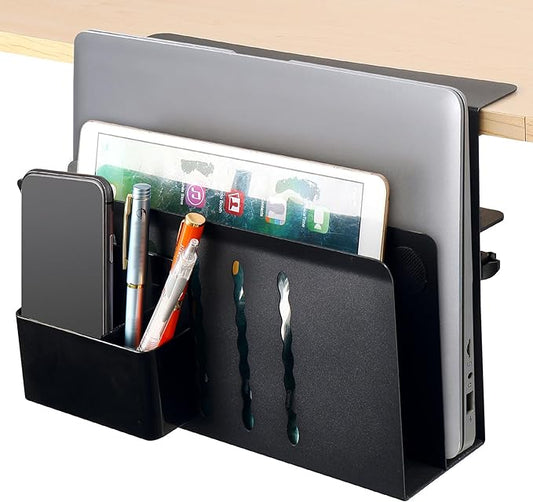 2 TIER Desk Side Storage Upgraded Under Desk Organizer, No Drill Hanging Laptop Holder Under Desk, Clamp-On Table Side Tray Steel Desktop Organization for Office and Home (Black)