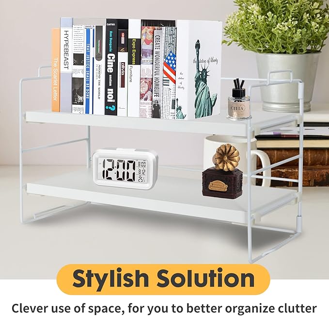 PowerKing Desk Shelf Organizer, 2-Tier Desktop Shelves with Wood Board, Adjustable Bookshelf Storage Rack for Home Office School Study Room (White Frame + White Wood)-NeatNest