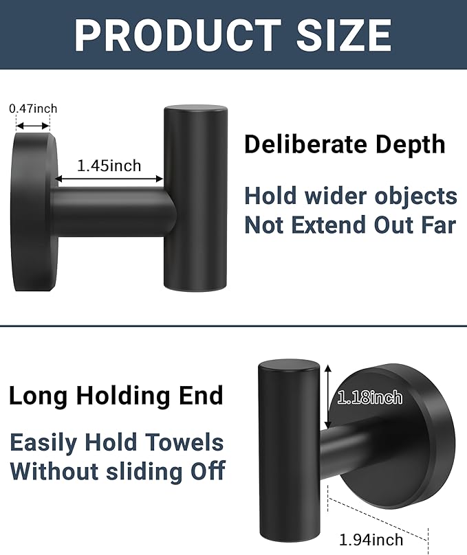 Black Bathroom Towel Hook, Coat Robe Clothes Hook for Kitchen Garage Wall Mounted 4 Pack, 304 Stainless Steel, Heavy Duty Door Hanger, Cabinet Closet Wall Hook for Hotel Pool (Matte Black)