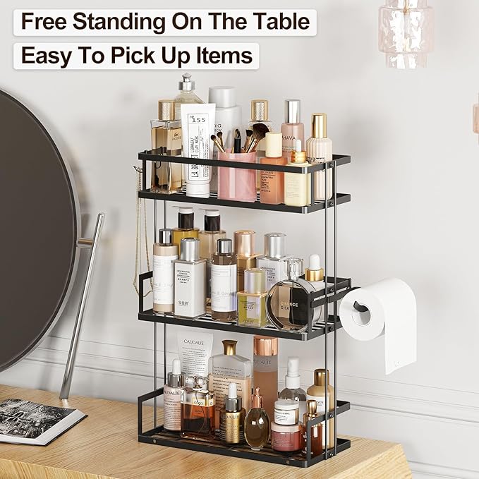 Godboat Bathroom Organizers and Storage, 3-Tier Wall Shelves, Over Toilet Rack with Paper Holder and 2 Hooks, Floating Shelf & Accessories, Gifts for Women, Mom, Mothers Day (Black)-NeatNest