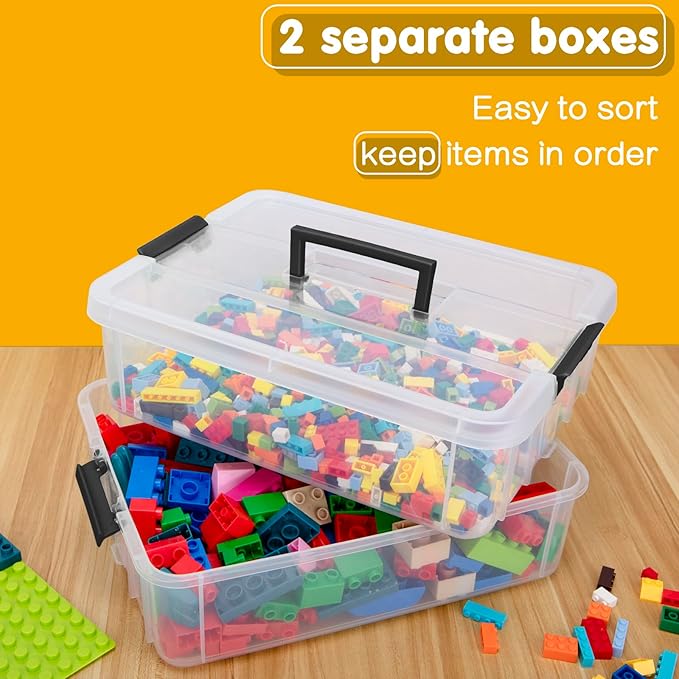 2 Layer Plastic Storage Containers with Lids, Multipurpose Clear Stack & Carry Box, Portable Craft Organizers and Storage Bin for Organizing Art & Craft, Sewing, Makeup, Nail Supplies (Black)