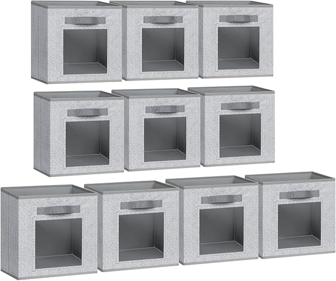 DIMJ Cube Storage Bin, 10 Pack Collapsible Storage Bins, Cube Storage Organizer with Window, Fabric Storage Bins for Shelves, Closet Baskets for Clothes, Toys, Books-NeatNest