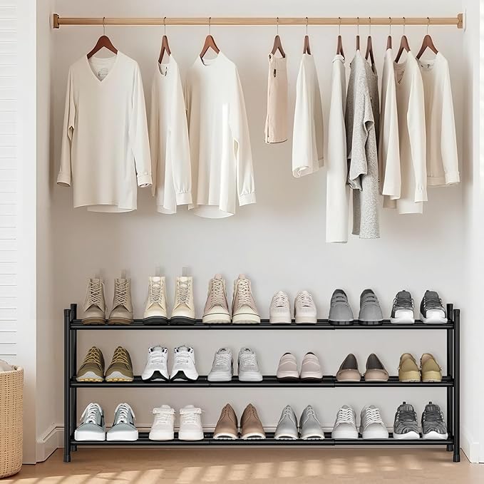 STORAGE MANIAC Long Expandable Shoe Rack, 18 Pairs Metal Wide Stackable Shoe Rack, Adjustable Shoes Shelf, Freestanding Shoes Organizer for Closet, Entryway, Hallway, Garage, Front Door, 3 Tiers-NeatNest