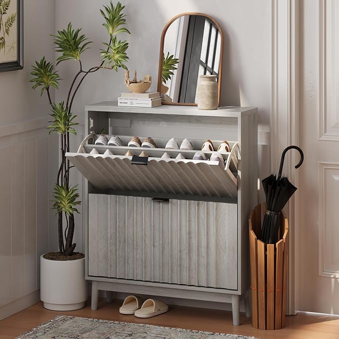 Vibe & Dine Shoe Cabinet with 2 Flip Drawers, Fluted Shoe Storage Cabinet for Entryway Slim, Free Standing Shoe Rack Organizer with Wave Doors for Hallway, Bedroom, Grey-NeatNest